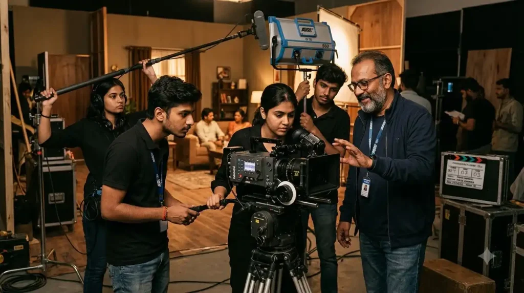 Students learning film making course in Hyderabad at Restart Academy with camera equipment