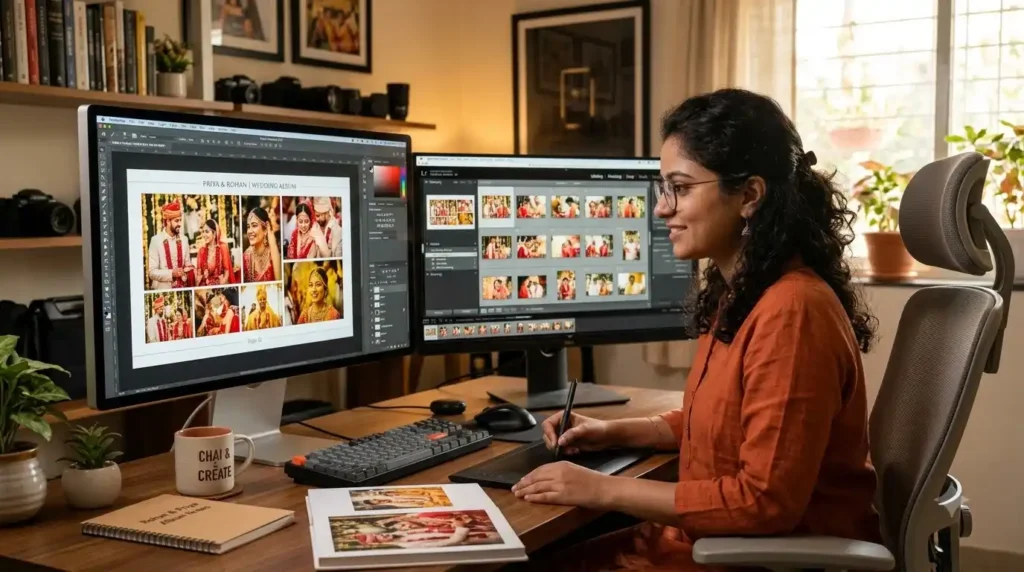 Designer working on Photoshop album design Hyderabad project on a computer screen