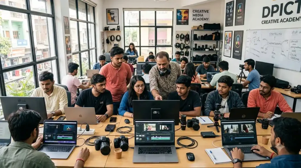 Students training at a creative media training institute Hyderabad with camera and editing equipment