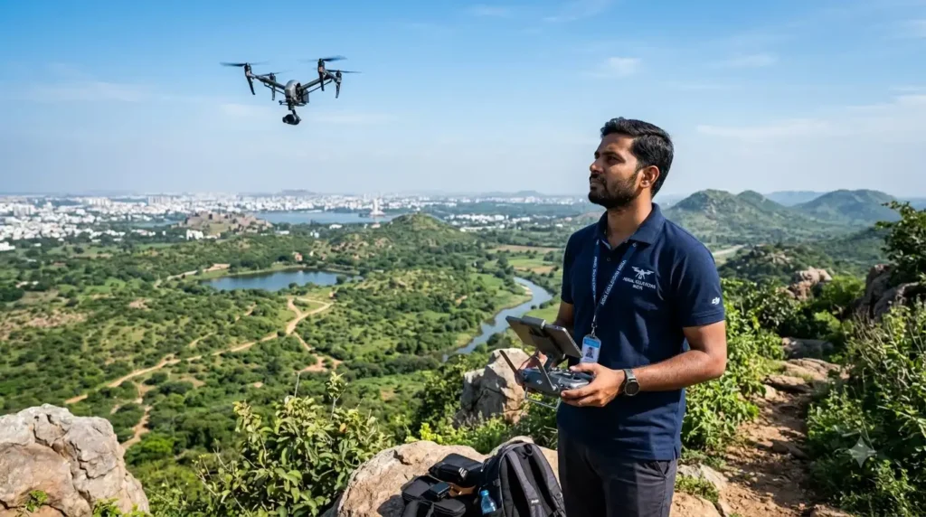 Drone photography Hyderabad aerial shot being captured over a landscape by a professional pilot