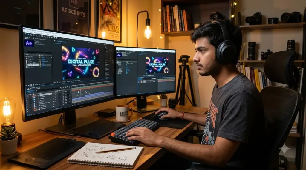 Student learning After Effects course in Hyderabad working on motion graphics animation
