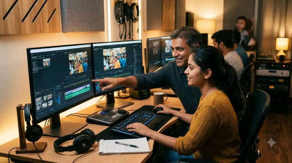 Student learning Premiere Pro course in Hyderabad on a professional editing workstation