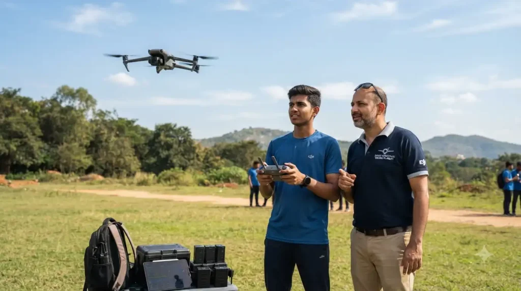 Student learning drone training course in Hyderabad flying a camera drone outdoors
