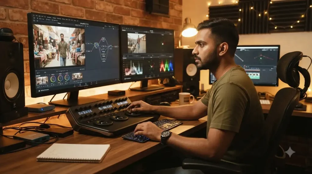 Student learning DaVinci Resolve Course Hyderabad on the color grading page
